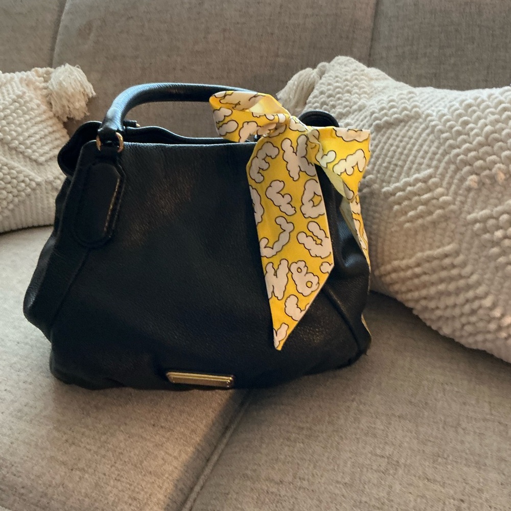 Marc by Marc Jacobs Black Leather Shoulder Bag with Yellow Scarf Accent